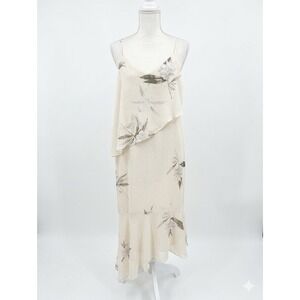 H Squared Cream‎ Floral Polka Dot Layered Ruffle High Low Midi Dress Medium